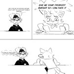 2024 3_panel_comic 4_fingers anthro black_and_white black_line_art bloodshot_eyes bottomless bulging_eyes butt canid canine canis censor_bar censored censored_genitalia censored_penis cheek_tuft clothed clothing dialogue digital_media_(artwork) domestic_cat domestic_dog duo english_text explicit_text eyebrows facial_tuft fangs fast_food fast_food_employee felid feline felis fingers floppy_ears food fur half-closed_eyes hat headgear headwear inner_monologue male mammal monochrome mouth_closed name_tag narrowed_eyes open_mouth profanity shirt shirt_only snout speech_bubble standing tail talking_to_another teeth text thought_bubble topwear topwear_only tuft winterfrost_(artist) winterfrost_(winterfrost)