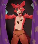 2024 animatronic anthro brown_body brown_tail canid canine curtains eye_patch eyebrows eyewear featureless_crotch five_nights_at_freddy's fox foxy_(fnaf) gold_(metal) gold_tooth grey_body grey_nose hi_res hook hook_hand kogito machine male male_anthro mammal multicolored_body nude nude_anthro nude_male open_mouth red_body red_ears red_eyebrows red_tongue robot scottgames sharp_teeth solo spread_arms standing tail tan_body teeth tongue yellow_eyes