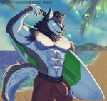 absurd_res anthro armpit_fetish armpit_hair beach belly_hair body body_hair bulge canid canine chest_hair detailed_bulge hi_res island kayde_(kaydewolf) male mammal muscular mythological_canine mythological_creature mythology nipples pecs solo strayd0rk surfboard surfer surfing were werecanid werecanine werewolf