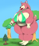 alythewolfcat animal_crossing anthro belly big_belly big_breasts bikini bimbo_lips breasts canid canine canis clothing curvy_figure freya_(animal_crossing) fur hi_res huge_breasts huge_thighs male mammal nintendo overweight pink_body pink_fur plant solo swimwear thick_thighs tree two-piece_swimsuit voluptuous watering_can wolf yellow_sclera