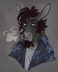 anthro asinus beard big_ears cigarette clothing donkey donkey_ears dress_shirt equid equine eyebrows facial_hair fur grey_body grey_fur hair hi_res looking_aside male mammal marcie_montis messy_hair shirt short_hair smoke solo thick_eyebrows topwear unnamed_character