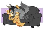 2019 anal anthro anubian_jackal black_hair blush blush_lines bodily_fluids canid canine canis domestic_cat dominant dominant_male duo erection eyewear feet felid feline felis fur furniture genital_fluids genitals glasses green_eyes grey_body grey_fur hair jackal leon_(leonjackyl) long_hair male male/male mammal manick midmelt nerd nude orange_stripes penis precum red_hair sex simple_background sofa stripes submissive submissive_male sweat toony yellow_body yellow_fur