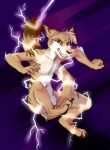 2012 4_toes 5_fingers anthro biped brown_body brown_fur canid canine claws demicoeur digital_media_(artwork) digitigrade electricity feet fingers fur humanoid_hands looking_aside looking_at_viewer male mammal nude pikazap purple_background simple_background solo stripes tail tail_between_legs tan_body tan_fur toes white_body white_fur