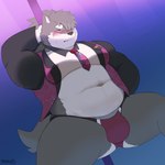 1:1 anthro belly blush bulge canid canine canis clothing dancing domestic_dog facial_scar fur grey_body grey_fur hair hi_res kuraistars lifewonders male mammal musclegut muscular navel nipples pecs pole pole_dancing ponytail scar shino_(tas) solo stripper stripper_pole thong tokyo_afterschool_summoners underwear