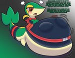 2022 abdominal_bulge absurd_res audrey_(ectoplasmicresidue) belly big_belly blush brown_eyes clothed clothing duo ectoplasmicresidue endosoma english_text female female_pred feral feral_pred fully_inside generation_5_pokemon green_body hi_res huge_belly hyper hyper_belly larger_prey male male/female nintendo non_fatal_vore open_mouth oral_vore pokemon pokemon_(species) possessive reptile safe_vore scalie shaded simple_background size_difference smaller_pred snivy text tongue vore