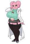 anthro big_breasts blissey bottomwear breasts clothed clothing coat egg female footwear generation_2_pokemon green_eyes huge_breasts legwear nintendo pink_body pokeball pokemon pokemon_(species) shoes simple_background skirt smile solo stockings sweater topwear urusee584 white_background