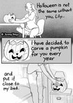 bed bottomwear chair clothing comic english_text female food fruit furniture greyscale halloween holidays human human_only jack-o'-lantern jenny_jinya lamp loving_reaper mammal monochrome not_furry pants plant pumpkin solo sweatpants table text