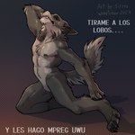 1:1 2023 anthro artistic_pose blitzdrachin canid canine canis conditional_dnp eyes_closed fur grey_body grey_fur male mammal mythological_canine mythological_creature mythology spanish_text text werecanid werecanine werecreature werewolf wolf