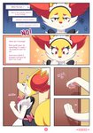 absurd_res ambiguous_gender anthro black_body black_fur blush bodily_fluids braixen clothed clothing comic dialogue ellie_the_braixen english_text fur generation_6_pokemon heart_after_signature heart_before_signature heart_in_signature heart_symbol hi_res inner_ear_fluff inner_monologue inside looking_at_viewer maid_uniform male_(lore) motion_lines motion_outline mouth_closed multicolored_body multicolored_fur name_drop name_in_inner_monologue nikkibunn nintendo number onomatopoeia page_number pawpads pink_pawpads pokemon pokemon_(species) purple_text red_eyes signature solo sound_effects star_pupils sweat sweatdrop text text_box text_with_heart thinking tuft uniform wavy_mouth white_body white_fur white_text yellow_body yellow_fur