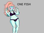 2023 4:3 akila_theoris alien alien_humanoid animal_humanoid blue_body blue_skin bra cleopatra_in_space clothing double_v_sign dreamworks ear_frill english_text female fish fish_humanoid frill_(anatomy) gesture grey_background hair hand_gesture hi_res humanoid marine marine_humanoid midriff no_navel panties pink_hair ponytail pupils simple_background solo strangeplay text underwear unusual_pupils v_sign vevosonian