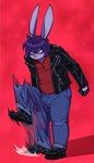 anthro arthur_(lapinbeau) boots bottomwear clothing cross-popping_vein denim denim_bottomwear denim_clothing fingerless_gloves footwear fur gloves hair half-closed_eyes handwear hi_res jacket jeans lagomorph leather leather_clothing leather_jacket leather_topwear leporid male mammal narrowed_eyes naughtyjester pants purple_body purple_fur purple_hair rabbit red_background shoes simple_background solo thumping topwear