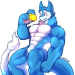 1:1 abs anthro blue_body blue_fur blue_tuft cheese dairy_products food fur green_eyes hi_res holding_food holding_object male multicolored_body multicolored_fur muscular nude pecs sergal solo tail tail_tuft traviss_(character) tuft two_tone_body two_tone_fur white_body white_fur whiteleo