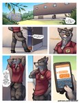 anthro bottomwear building canid canine canis cellphone clothed clothing comic dialogue electronics english_text fully_clothed fur glen_(tsaiwolf) grass grey_body grey_fur holding_object holding_phone male mammal multicolored_body multicolored_fur name_tag neck_muscles open_mouth outside pants phone plant shirt shrub smartphone solo standing text topwear tree tsaiwolf two_tone_body two_tone_fur url walkie-talkie wolf