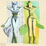 1:1 absurd_res anthro beach beach_towel bikini blue_body blue_clothing blue_fur blue_hair bottomwear butt clothing duo ear_piercing ear_ring eeveelution eyeliner eyes_closed eyewear female fur generation_4_pokemon glaceon green_body green_clothing green_fur hair hi_res jewelry leafeon lisa_devellis lying makeup marissa_reinhart navel necklace nintendo on_back on_front one-piece_swimsuit pattern_clothing piercing pokemon pokemon_(species) ring_piercing scoutthecat02 skirt sunbathing sunglasses swimwear tan_body tan_fur thick_thighs towel towel_wrap two-piece_swimsuit