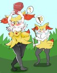 after_transformation ambiguous_gender anthro areola big_breasts black_body black_fur blush braixen breasts calem_(pokemon) clothing colored confusion duo female field fur gender_transformation generation_6_pokemon genitals hat headgear headwear hi_res mtf_transformation nintendo nipples orange_body orange_eyes orange_fur pictographics pokemon pokemon_(species) pussy red_areola red_nipples speech_bubble stick transformation white_body white_fur yellow_body yellow_fur zneazel