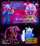 2023 absurd_res anthro bear blue_clothing buckteeth cassie_(fnaf) child clothing dialogue digital_media_(artwork) duo english_text exclamation_point female fingerless_gloves five_nights_at_freddy's five_nights_at_freddy's:_security_breach five_nights_at_freddy's:_security_breach_ruin gesture glitch gloves hand_gesture handwear hat headgear headwear helpi_(fnaf) hi_res human male mammal mask scottgames shaded simple_shading steel_wool_studios teeth tehtotally text thumbs_up watermark wearing_mask young young_female young_human