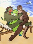 3:4 anthro argonian artzellier beach beach_chair blush butt digital_media_(artwork) feet fingers gecko green_body group hair hi_res jomagaher karus_(thundering-roar) kissing lizard male microsoft muscular muscular_anthro muscular_male nipples nude pecs reptile romantic romantic_ambiance sand scalie seaside simple_background sitting smile tail the_elder_scrolls thundering-roar toes water