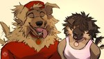 anthro backwards_baseball_cap backwards_hat baseball_cap bdsm bird_dog blep brown_body brown_fur canid canine canis clothing collar domestic_dog duo excaliburwolf female floppy_ears fur german_shepherd golden_retriever good_boy good_girl hair hair_over_eyes hat headgear headwear herding_dog hi_res hunting_dog male mammal open_mouth pastoral_dog pet_praise petplay praise retriever roleplay shirt smile t-shirt tail tail_motion tailwag tank_top tomboy tongue tongue_out topwear