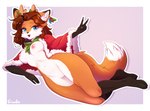 anthro blush breasts canid canine christmas christmas_clothing clothing female fox fur genitals gesture hair hand_gesture hi_res holidays holly_(plant) mammal nipples nude open_mouth plant pussy samantha_(syronck01) siwiko smile solo tail v_sign