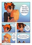 2017 anthro aoizuri base_three_layout blockage_(layout) blush bodily_fluids business_suit canid canine canis clothing comic comic_panel dialogue digital_drawing_(artwork) digital_media_(artwork) domestic_dog duo english_text eyewear femboy five_frame_image floppy_ears fur glasses hi_res horizontal_blockage male male_(lore) mammal necktie nervous open_mouth open_smile purple_eyes size_difference smile speech_bubble suit sweat talking_to_another tan_body tan_fur text three_row_layout