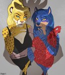 absurd_res anthro blush canid canine cheetah clothed clothing dress duo english_text felid feline female first_person_view fox hi_res hybrid kat_phoenix magayser mammal pantherine prosthetic prosthetic_arm prosthetic_limb shadow sydea text tiger