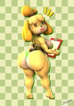 2024 3d_(artwork) absurd_res animal_crossing anthro barefoot big_breasts big_butt bikini biped breasts butt canid canine canis checkered checkered_background clothed clothed_anthro clothed_female clothing digital_media_(artwork) domestic_dog english_text feet female female_anthro full-length_portrait green_string_bikini handwritten_text hi_res huge_breasts huge_butt imdajasperbaby isabelle_(animal_crossing) looking_at_viewer looking_back looking_back_at_viewer mammal muscular muscular_thighs nintendo pattern_background plantigrade portrait pose shaded signature simple_background soft_shading solo standing string_bikini surprised_expression swimwear text three-quarter_view two-piece_swimsuit