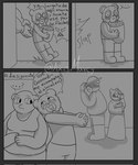 2023 achuchones_(unicorn_wars) anthro arrow_(weapon) axismarcy bear belly blush bottomwear bow_tie clothing comic dialogue eyewear glasses gordi_(unicorn_wars) group hi_res male mammal monochrome overweight overweight_male padre_(unicorn_wars) pants ranged_weapon sargento_caricias shirt spanish_text text topwear translated unicorn_wars weapon