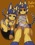 2021 5_fingers absurd_res abyssinian_cat all_fours animal_crossing ankha_(animal_crossing) anthro bangs blue_ears blue_hair blue_markings blue_stripes bob_cut brown_background camel_toe digital_drawing_(artwork) digital_media_(artwork) domestic_cat english_text felid feline felis female female_anthro fingers flat_chested frown fur glistening glistening_body hair hi_res japanese_text low-angle_view mammal markings mouth_closed mummy_wrappings narrowed_eyes nintendo paw_pose pointy_ears portrait pose prick_ears short_hair simple_background solo striped_markings striped_tail stripes tail tail_markings text three-quarter_portrait uraeus waa153 yellow_body yellow_face yellow_fur yellow_inner_ear yellow_text