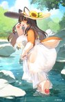 2024 4_fingers 4_toes anthro big_breasts blush blush_lines breasts brown_body brown_eyes brown_hair canid canine canis chunithm_luminous clothing cloud creek cute_fangs domestic_dog dress feet female fingers fluffy full-length_portrait hair hat headgear headwear hi_res inner_ear_fluff inuko_mimimi_(sega) kishibe looking_at_viewer looking_back looking_back_at_viewer mammal multicolored_body open_mouth pawpads plant portrait rock sky solo straw_hat sun_hat sundress swimwear toes translucent translucent_clothing tuft wet wet_clothing white_body