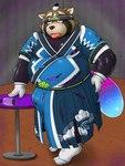 absurd_res accessory anthro asian_clothing belly blush bodysuit brown_body brown_fur bulge canid canine clothing corruption east_asian_clothing fur headband hi_res japanese_clothing kimono kurozatou latex lifewonders live_a_hero male mammal overweight overweight_male raccoon_dog shoen skinsuit solo tanuki tight_clothing torn_clothing