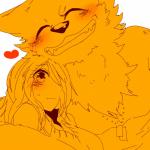 1:1 2015 anthro blush bodily_fluids canid canine canis clothing comic duo female fur hair hair_over_eye heart_symbol human japanese_text kemono lila_(kashiwagi_aki) mammal one_eye_obstructed smile sweat teeth text wolf yakantuzura zinovy