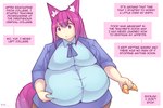 3:2 animal_humanoid belly big_belly big_breasts big_butt breasts butt canid canid_humanoid canine canine_humanoid clothing dialogue english_text female food fox_humanoid hair hi_res huge_breasts humanoid inner_monologue lai-e_(pixiveo) mammal mammal_humanoid obese obese_female obese_humanoid overweight overweight_female overweight_humanoid pixiveo purple_eyes purple_hair signature simple_background solo speech_bubble standing text thinking weight_gain