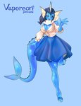 anthro big_breasts blue_body blue_bottomwear blue_clothing blue_hair blue_skirt blush bottomwear breasts cleavage clothed clothing ear_fins eeveelution female fin footwear frill_(anatomy) frilly frilly_clothing generation_1_pokemon glistening glistening_body hair head_fin hi_res long_tail looking_at_viewer neck_frill nintendo noruru3737 pokemon pokemon_(species) simple_background skirt smile solo tail tail_fin topwear vaporeon white_clothing white_topwear