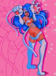 blue_hair capcom darkstalkers exposed_ass felicia_(darkstalkers) felid feline female fur hair hi_res humanoid looking_back mammal monster pink_background pose simple_background smile solo star starmooop tail white_body white_fur