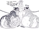 anthro belly belly_inflation big_belly black_and_white black_text blondevelvet canid canine chain cheetah collar conditional_dnp eating_trash english_text felid feline female feral group handwritten_text hi_res inflation internal king_cheetah mammal monochrome nipples object_vore pen_(artwork) simple_background spots story story_in_description text traditional_media_(artwork) trash trio vore