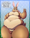 2024 absurd_res anthro belly belly_rolls big_belly big_breasts blush breasts brown_eyes buckteeth cadbury cadbury_bunny chubby_cheeks deep_navel digital_media_(artwork) english_text fat_rolls featureless_breasts featureless_crotch female fur hi_res lagomorph leporid mammal mascot multicolored_body multicolored_fur navel neck_bow obese obese_anthro obese_female open_mouth overweight overweight_anthro overweight_female pink_bow rabbit solo speech_bubble teeth text thick_thighs two_tone_body two_tone_fur viroveteruscy whiskers