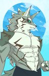 abs absurd_res anthro black_sclera bottomwear brown_body brown_fur canid canine canis clothing ear_piercing ear_ring fur gold_(metal) gold_ear_ring gold_jewelry green_eyes grey_body grey_fur hi_res jackal jewelry kibokurou lifewonders male mammal mane muscular muscular_male pecs piercing ring_piercing seth_(tas) shorts sky solo tokyo_afterschool_summoners white_body white_fur