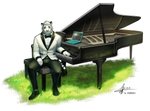 2015 5_fingers anthro biped black_tie_(suit) bottomwear bow_tie clothed clothing computer digital_media_(artwork) electronics felid fingers grass heterochromia keyboard_instrument laptop male mammal musical_instrument pantherine piano plant plantigrade raccoon21 sitting solo suit tiger topwear