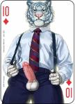 2018 animal_genitalia animal_penis anthro balls bottomwear card card_template ceo clothed clothing copyright_symbol diamonds_(suit) digital_media_(artwork) english_text erection felid feline_genitalia feline_penis fonyaa fur genitals green_eyes leucistic looking_at_viewer male mammal multicolored_body multicolored_fur muscular muscular_anthro muscular_male necktie pantherine pants penis playing_card playing_card_template shirt simple_background solo standing striped_body striped_fur stripes suit suit_symbol suspenders symbol ten_of_diamonds text tiger topwear white_body white_fur