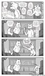 2023 absurd_res amy_(canisfidelis) anthro biped bottomwear breasts canid canine canis canisfidelis cheek_tuft closed_smile clothed clothing comic dialogue domestic_dog duo english_text eyebrows facial_tuft female floppy_ears gesture half-closed_eyes hand_gesture herding_dog hi_res holding_object humor humphrey_(canisfidelis) inside looking_at_another looking_at_object male mammal maned_wolf monochrome mouth_closed narrowed_eyes neck_tuft open_mouth open_smile pastoral_dog pointing running sex_shop shirt short_tail skirt smile speech_bubble standing tail teeth text tongue topwear tuft welsh_corgi