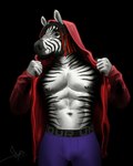 2024 4:5 abs absurd_res anthro bgn black_background black_hair black_nipples bulge clothed clothing dreadlocks equid equine facial_hair goatee grin hair hi_res hoodie jayden_(darkmuffin) male mammal manly muscular navel nipples open_clothing open_hoodie open_topwear pecs red_hair simple_background smile solo standing striped_body stripes topwear underwear underwear_only zebra