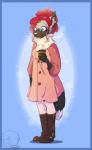 anthro beverage blue_eyes boots canid canine clothed clothing coat coffee ear_piercing female food footwear fox fur grey_body grey_fur hair hi_res legwear loretta_madison mammal pantyhose piercing pink_hair red_fox scarf shoes silver_fox snow snowflake solo topwear true_fox vixengal01 watermark