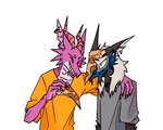 annoyed anthro arm_around_shoulders blue_eyes claws clothing duo ear_piercing eyebrows eyes_closed food fur fuzzysmore_(character) grey_clothing grey_shirt grey_topwear hair hi_res horn kobold male male/male mane mane_hair multicolored_body multicolored_fur notched_ear orange_claws orange_clothing orange_horn orange_shirt orange_topwear piercing pizza pizza_on_face pizza_slice purple_body sergal shaded shirt simple_background simple_shading sleepymuzzle smile spaceman_joe topwear two_tone_body white_background white_eyebrows