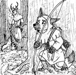 2016 3_toes 4_fingers ankle_wraps anthro antlers armor arrow_(weapon) arrowed avian belt bird black_and_white black_hooves black_scabbard bow_(weapon) bracers canid canine cross-hatching crouching death deer duo feet feral fingers foot_wraps forest fox galliform hatching_(art) hiding holding_bow_(weapon) holding_melee_weapon holding_object holding_ranged_weapon holding_sword holding_weapon hood hood_down hood_up hooves horn hunting labjer listening longbow male mammal medieval medieval_clothing melee_weapon monochrome one_ear_up plant poacher poaching quiver_(object) ranged_weapon scabbard shaded sword toes traditional_media_(artwork) tree weapon worried wraps