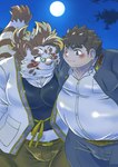 anthro belly belt blush bulge chubby_protagonist_(tas) duo eyewear felid fur glasses hi_res human kusarikakemono licho_(tas) lifewonders male male/male mammal moobs moon overweight pantherine protagonist_(tas) smile striped_body striped_fur stripes tiger tokyo_afterschool_summoners white_body white_fur