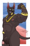 2024 absurd_res anthro anubian_jackal anubis biceps black_body black_fur blue_eyes canid canine canis deity dragondrawer ear_piercing ear_ring egyptian egyptian_mythology eyebrow_piercing facial_piercing flexing fur genitals glans gold_(metal) gold_jewelry hi_res humanoid_genitalia humanoid_penis jackal jewelry male mammal markings middle_eastern_mythology muscular muscular_anthro muscular_male mythology navel nipples nude penis piercing ring_piercing solo yellow_markings