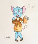 2023 anthro biped blue_body blue_eyes blue_fur blue_hair bottomwear brown_clothing brown_topwear brown_vest buckteeth clipboard clothed clothed_anthro clothed_female clothing colored female female_anthro freckles fur graphite_(artwork) hair holding_clipboard holding_object mammal mia_mouse mouse mouse_ears mouse_tail murid murine pencil_skirt pink_inner_ear pink_nose pink_tail rodent skirt solo subido tail tan_bottomwear tan_clothing tan_skirt teeth topwear traditional_media_(artwork) vest whiskers