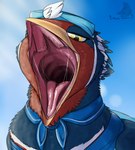 absurd_res avian barbed_tongue beak blue_body bodily_fluids clothing drooling feathered_crest feathers female gaping_mouth generation_3_pokemon hat head_crest headgear headwear hi_res kerchief magpie_magnetism markings mistral_(gyro) mouth_shot neckerchief neckwear nintendo open_mouth pokemon pokemon_(species) red_markings saliva solo swellow tongue tongue_line white_body white_markings yellow_eyes