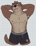 2024 anthro armpit_hair belly biped black_nose blue_eyes body_hair boxers_(clothing) boxers_only brown_body brown_eyebrows brown_fur bulge checkered checkered_background clothed clothing digital_drawing_(artwork) digital_media_(artwork) ear_piercing echo_(game) echo_(series) echo_project eyebrows fur hands_behind_head happy_trail hi_res male male_anthro mammal multicolored_body musclegut muscular mustelid navel nipples otter partially_clothed partially_clothed_male pattern_background piercing pink_nipples portrait simple_background slightly_chubby solo standing sydney_bronson tan_body tan_fur thick_thighs three-quarter_portrait topless underwear underwear_only unsafescapewolf whiskers white_background white_inner_ear white_sclera