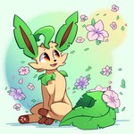 1:1 ambiguous_gender colored eeveelution fairylove777 feral flower fur generation_4_pokemon gradient_background hi_res leafeon looking_away nintendo open_mouth open_smile plant pokemon pokemon_(species) shaded signature simple_background sitting smile solo